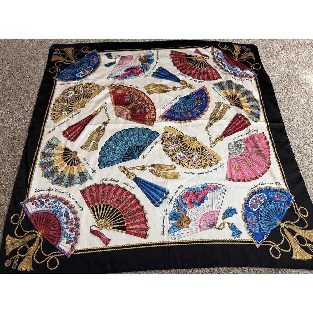 Vintage Satin Fans of the World Scarf Shawl Wrap 34" X 34" Black Gold Pink Blue